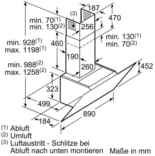 Kích thước tổng thể Máy hút mùi nghiêng Bosch DWK97JM60 – 90cm