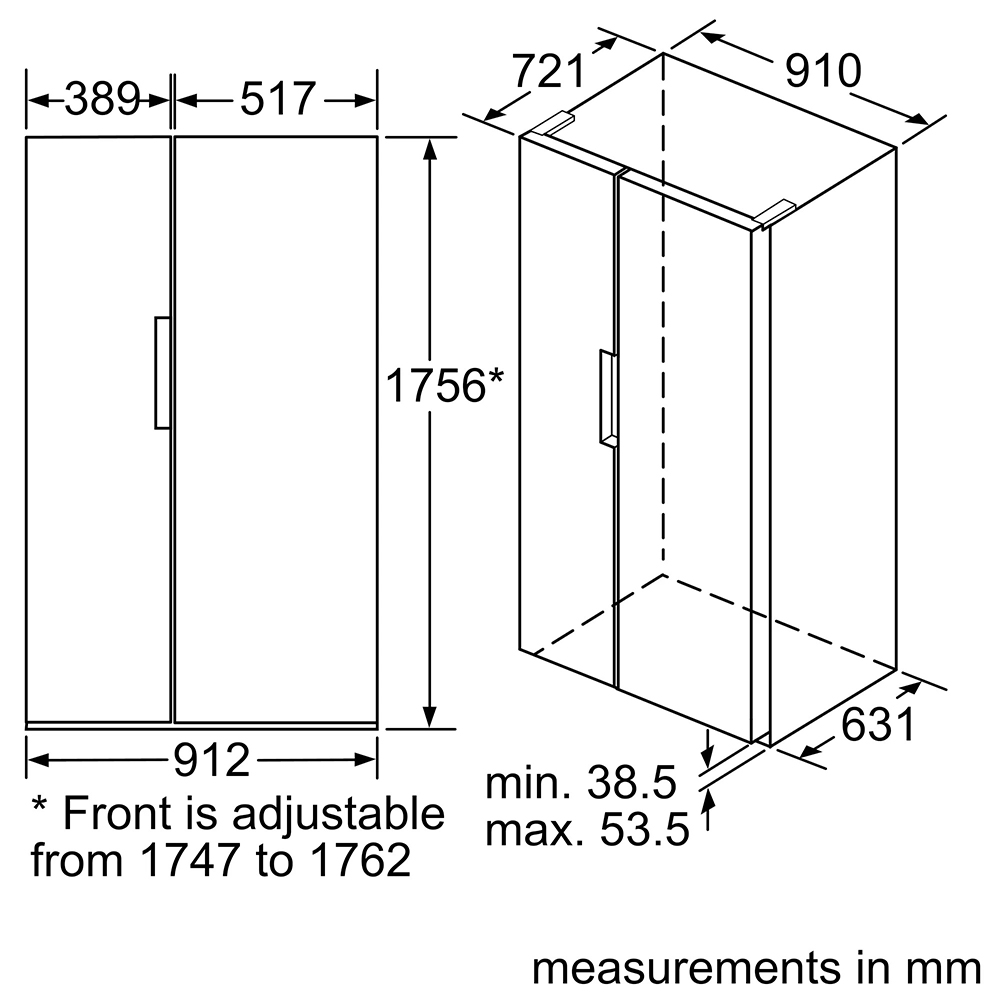 Bản vẽ lắp đặt âm Tủ lạnh Bosch KAN92VI35O side by side serie 4